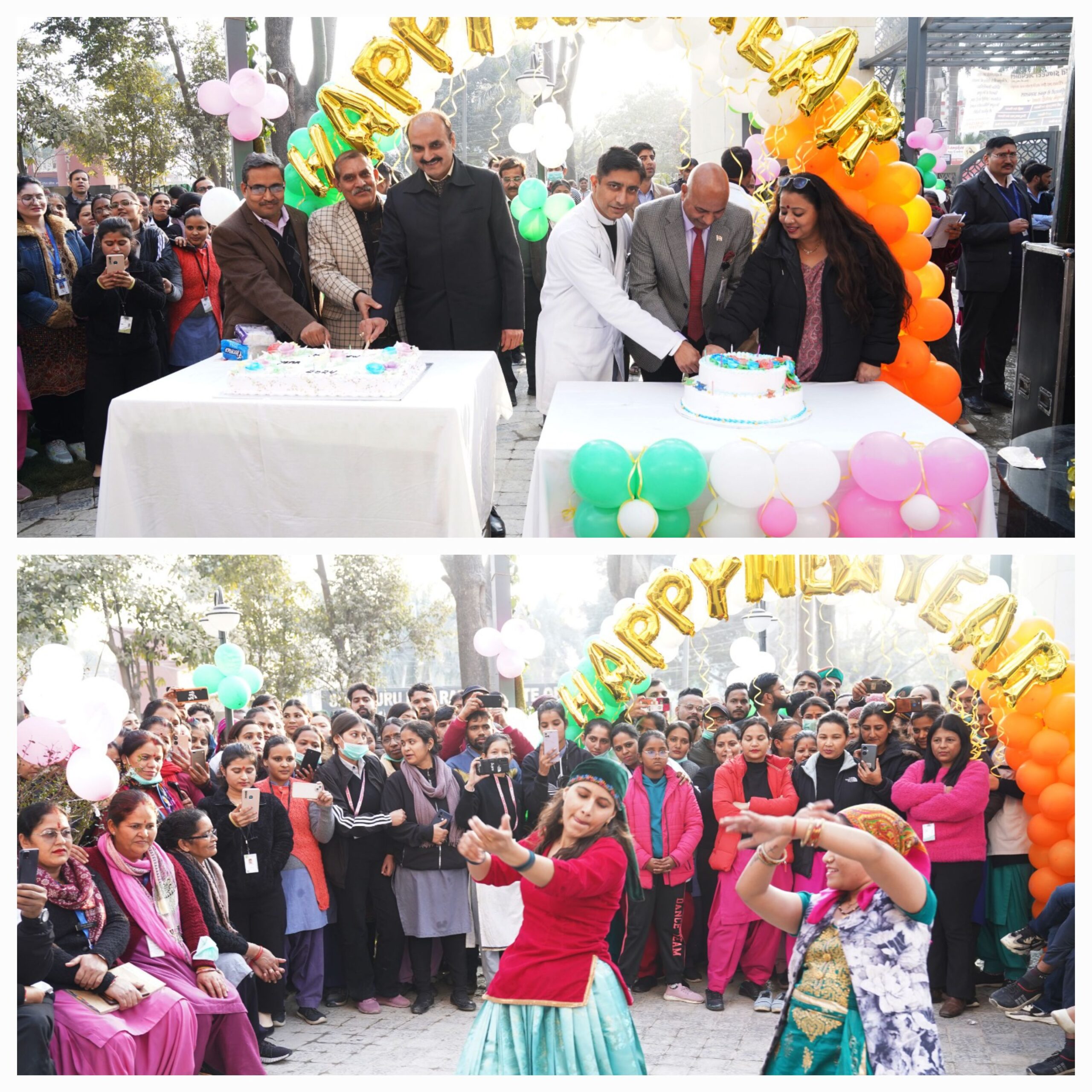 श्री महंत इन्दिरेश अस्पताल में इन सब ने नए साल के पहले दिन केक काटकर एक दूसरे को नववर्ष-2024 की शुभकामनाएं दीं 